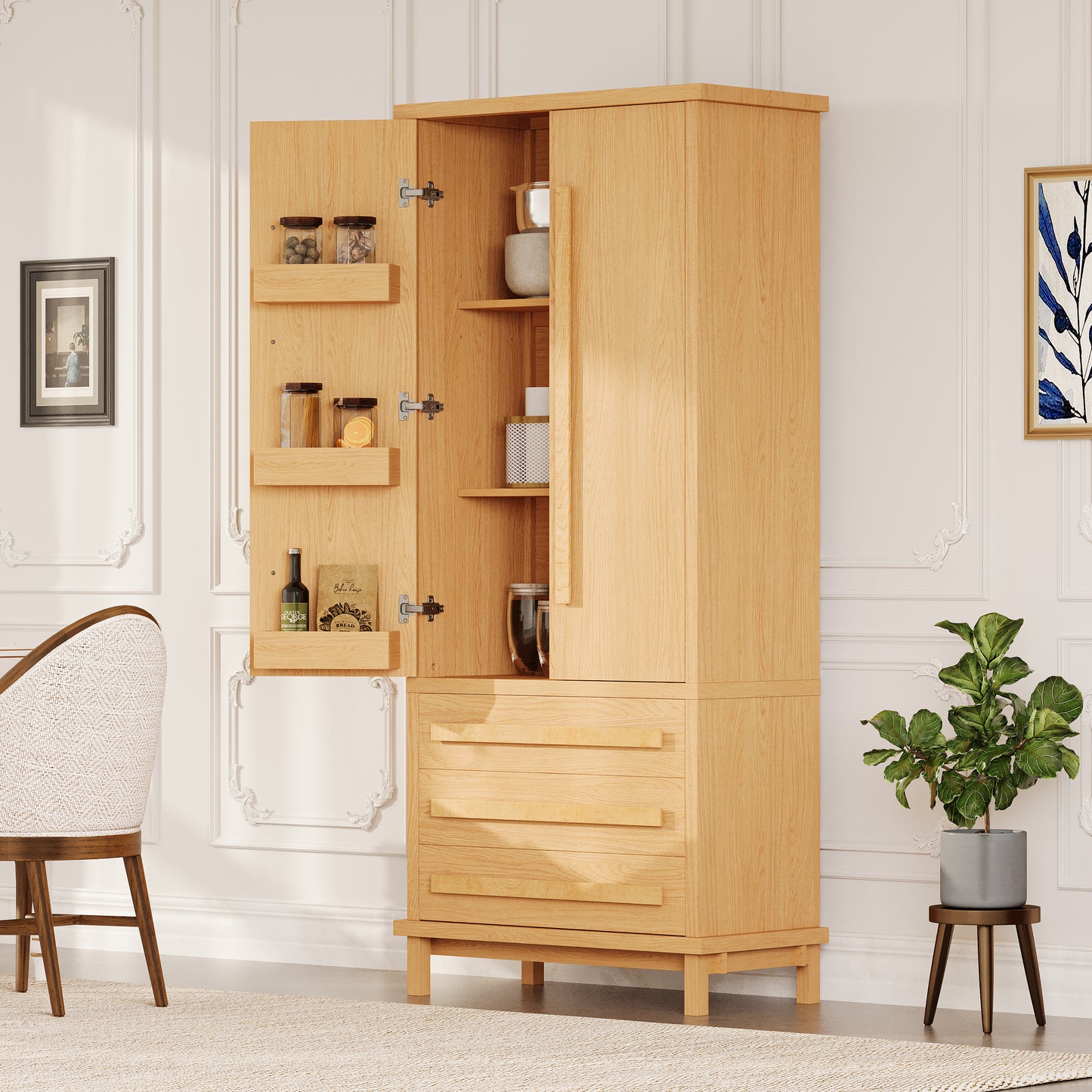70" Kitchen Pantry Cabinet - Solid Wood with 6 Door Shelves & 3 Drawers