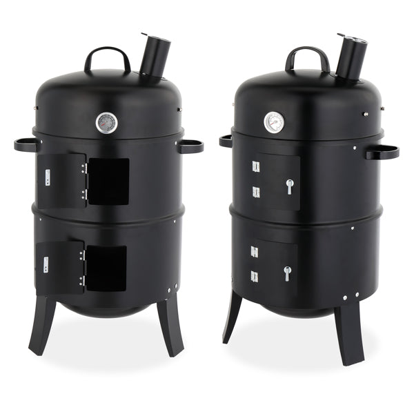 Black Cylindrical Outdoor Smoker with Chimney - Heavy-Duty Iron, 85cm