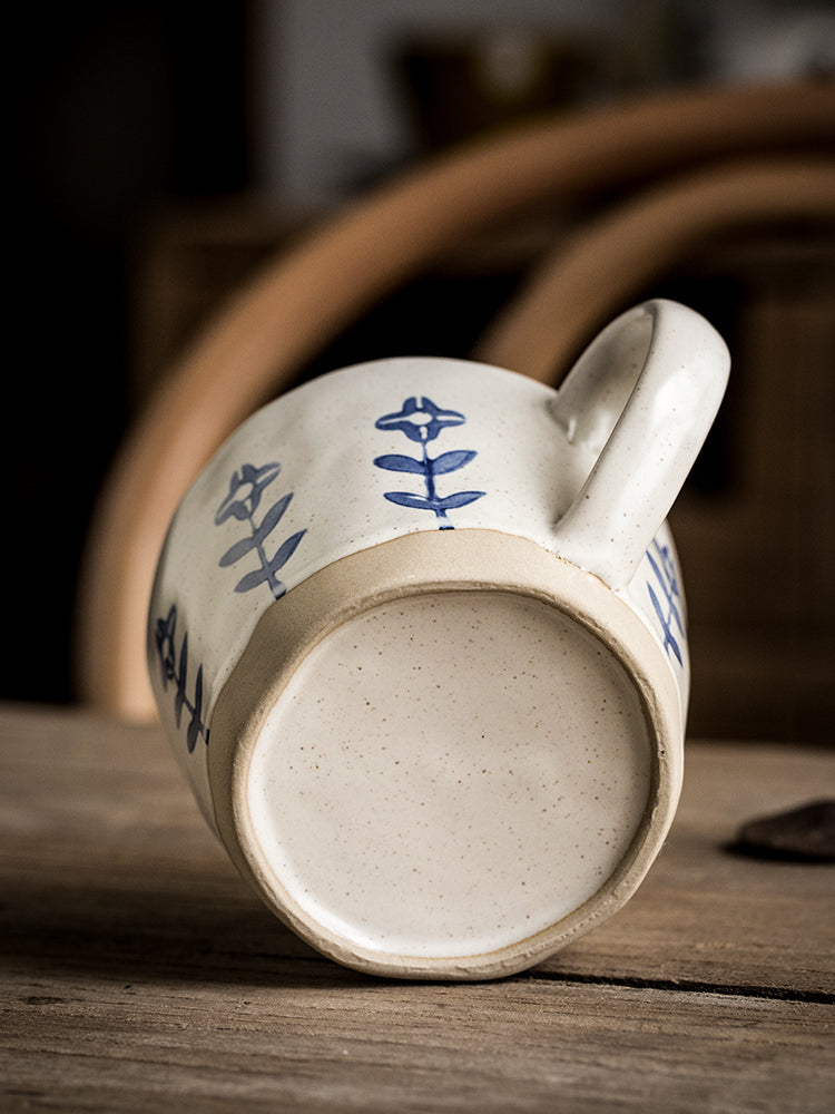 Hand-Painted Small Flower Ceramic Drinking Cup 320ml - Blue