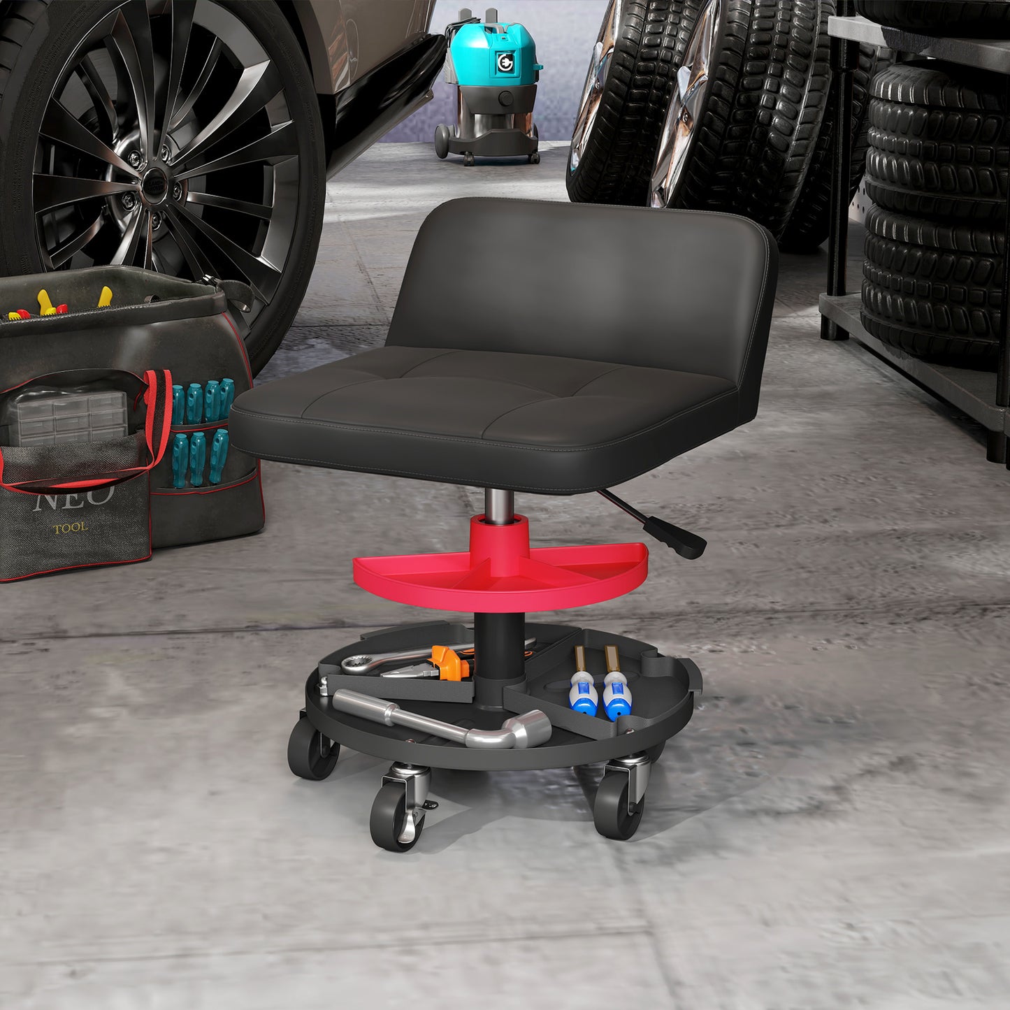 Adjustable Mechanic Stool with Tool Tray - 300 lbs Capacity, Black