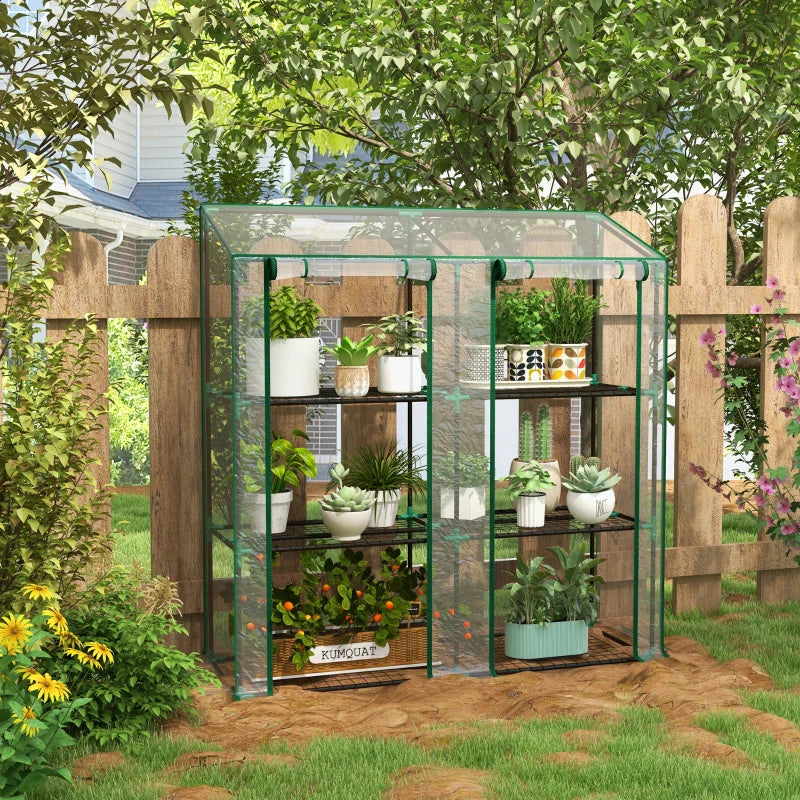 Portable Lean-To Greenhouse with 3 Tier Shelves and Zipper Doors - Clear