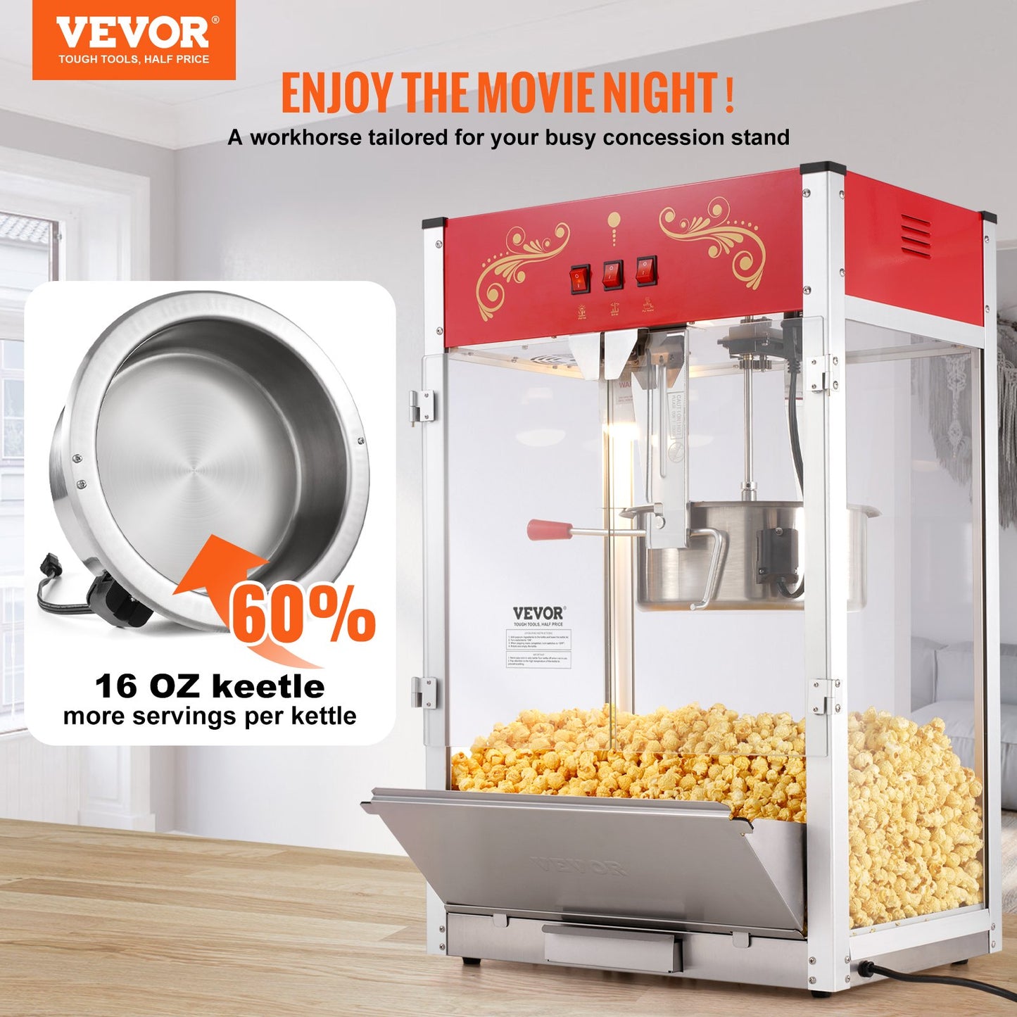 Commercial Popcorn Maker Machine 1615W 16oz Countertop Red