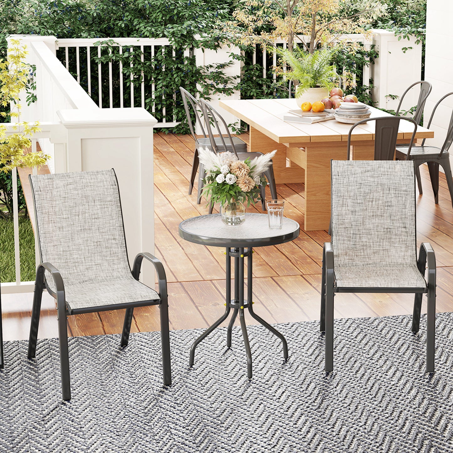 Bistro Set for Small Spaces - 2 Stackable Chairs & Glass Table - Gray