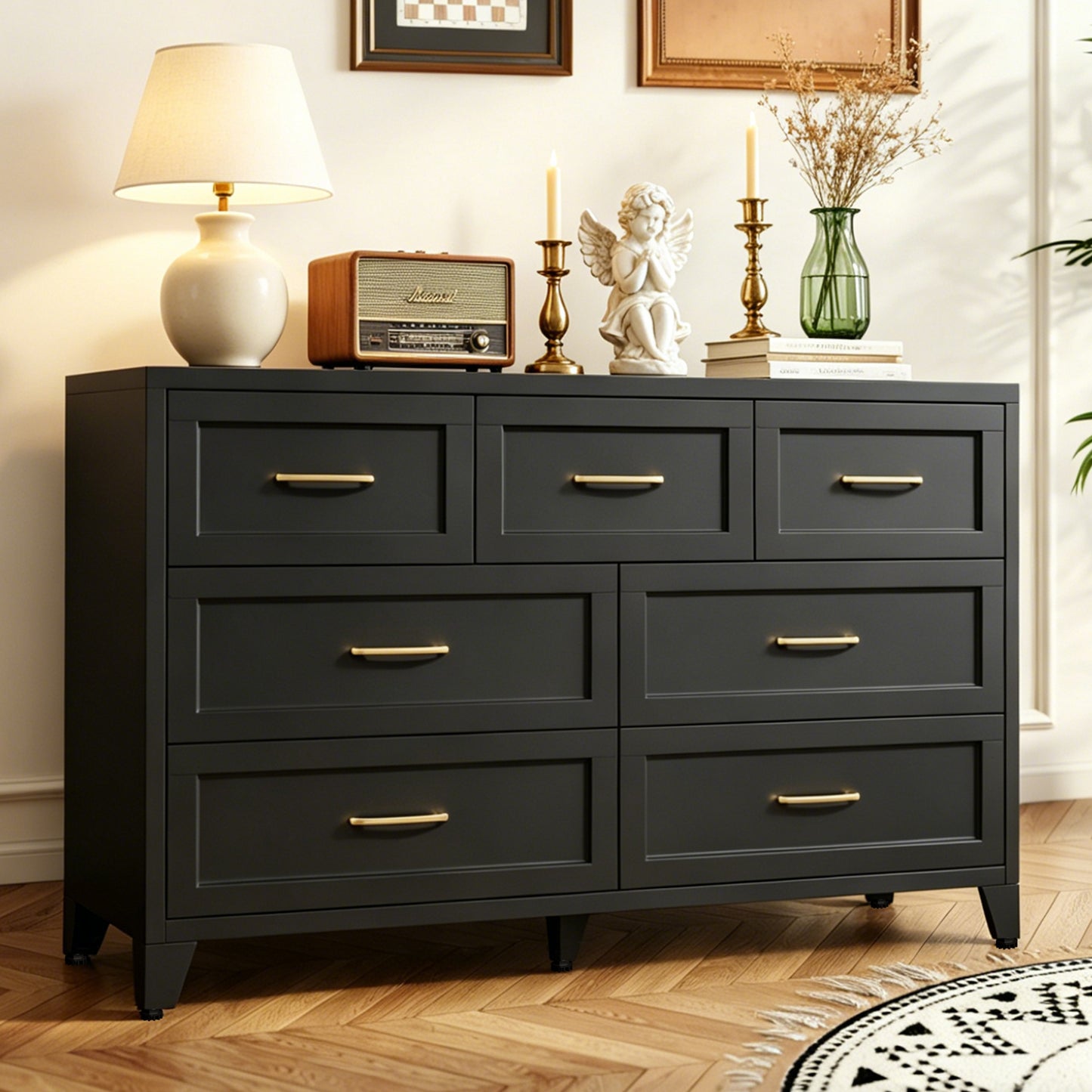 7-Drawer Black Metal Dresser - Low-Profile Storage Cabinet
