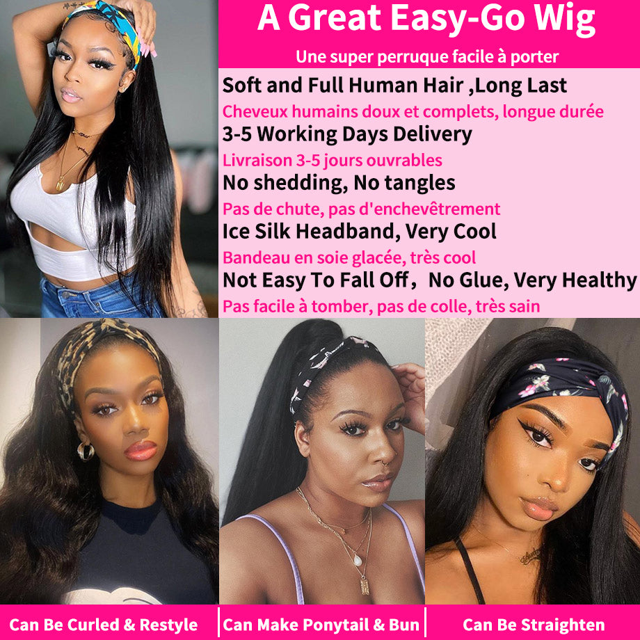 Human Hair Headband Wig - No Lace Straight