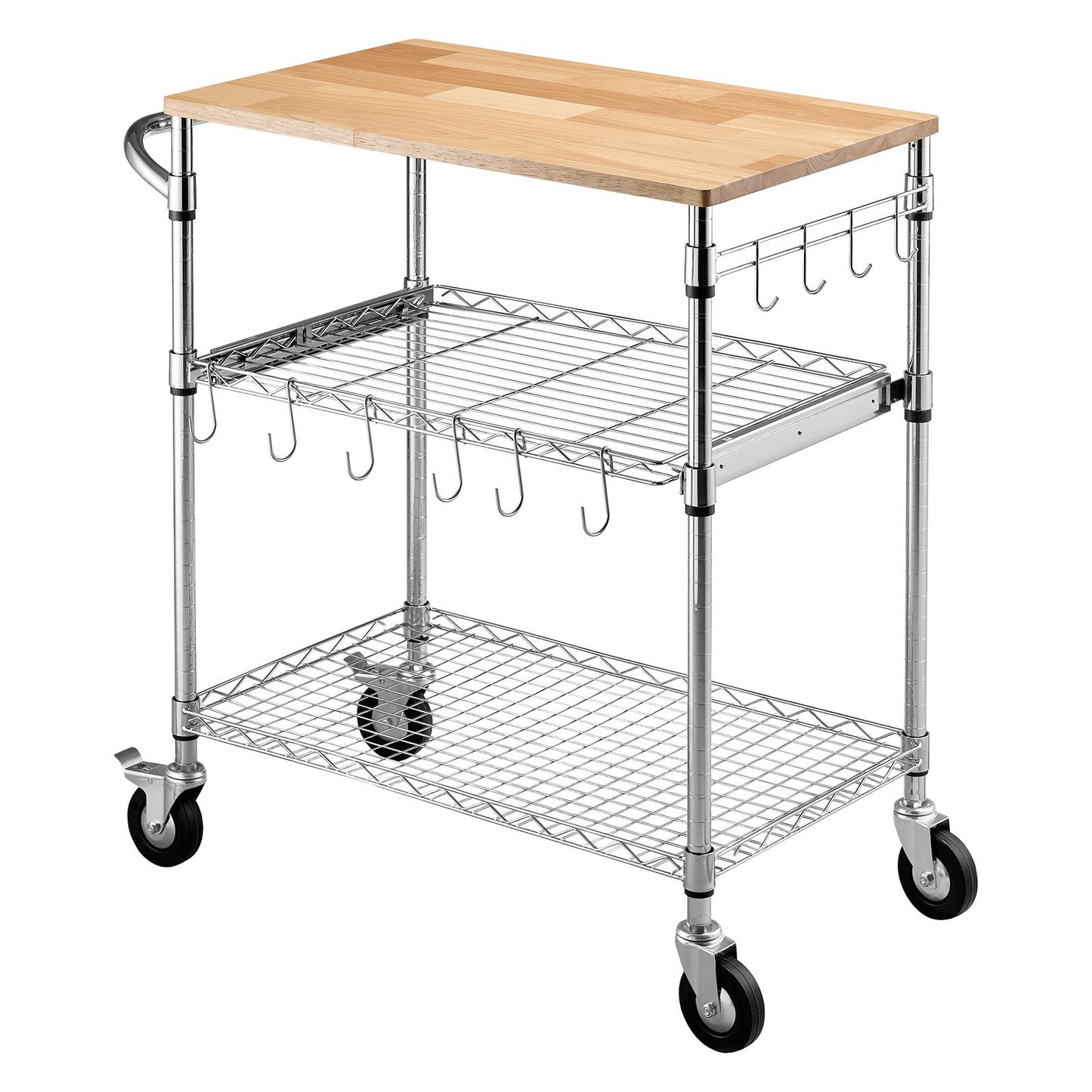 Heavy Duty 3-Tier Wire Utility Cart with Wooden Top and Handle - Rolling Storage Trolley, 661 lbs Capacity