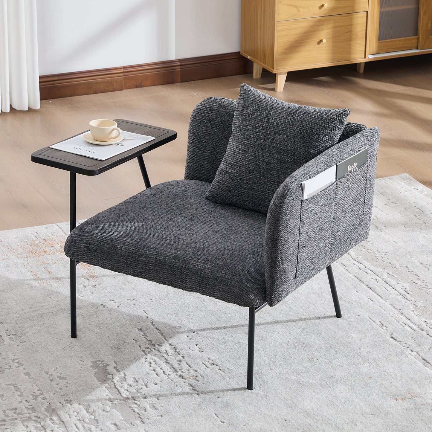 Modern Upholstered Leisure Chair with Side Table & Back Pillow - Dark Gray