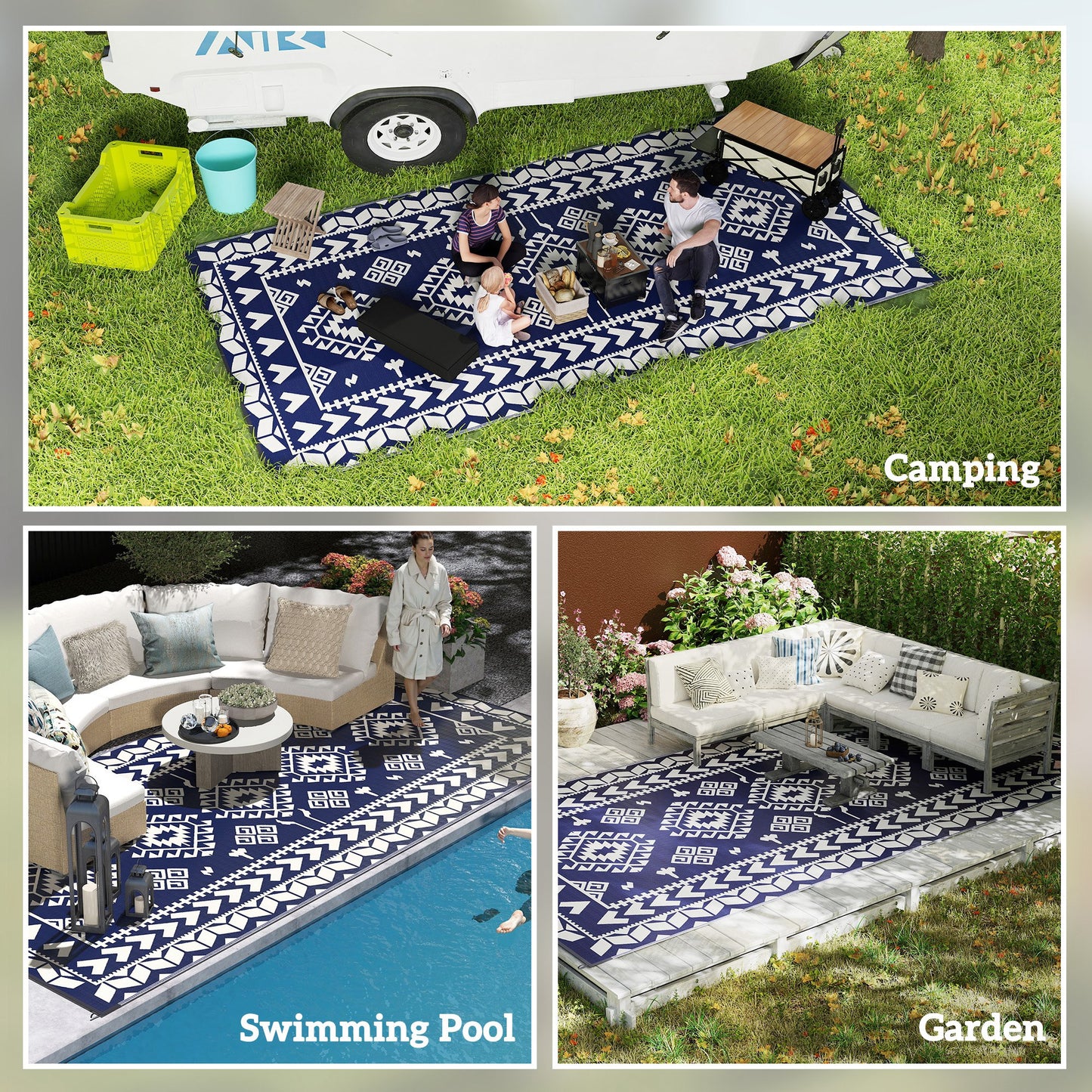 Reversible Waterproof Outdoor Rug - Blue & White Rhombus 9x18