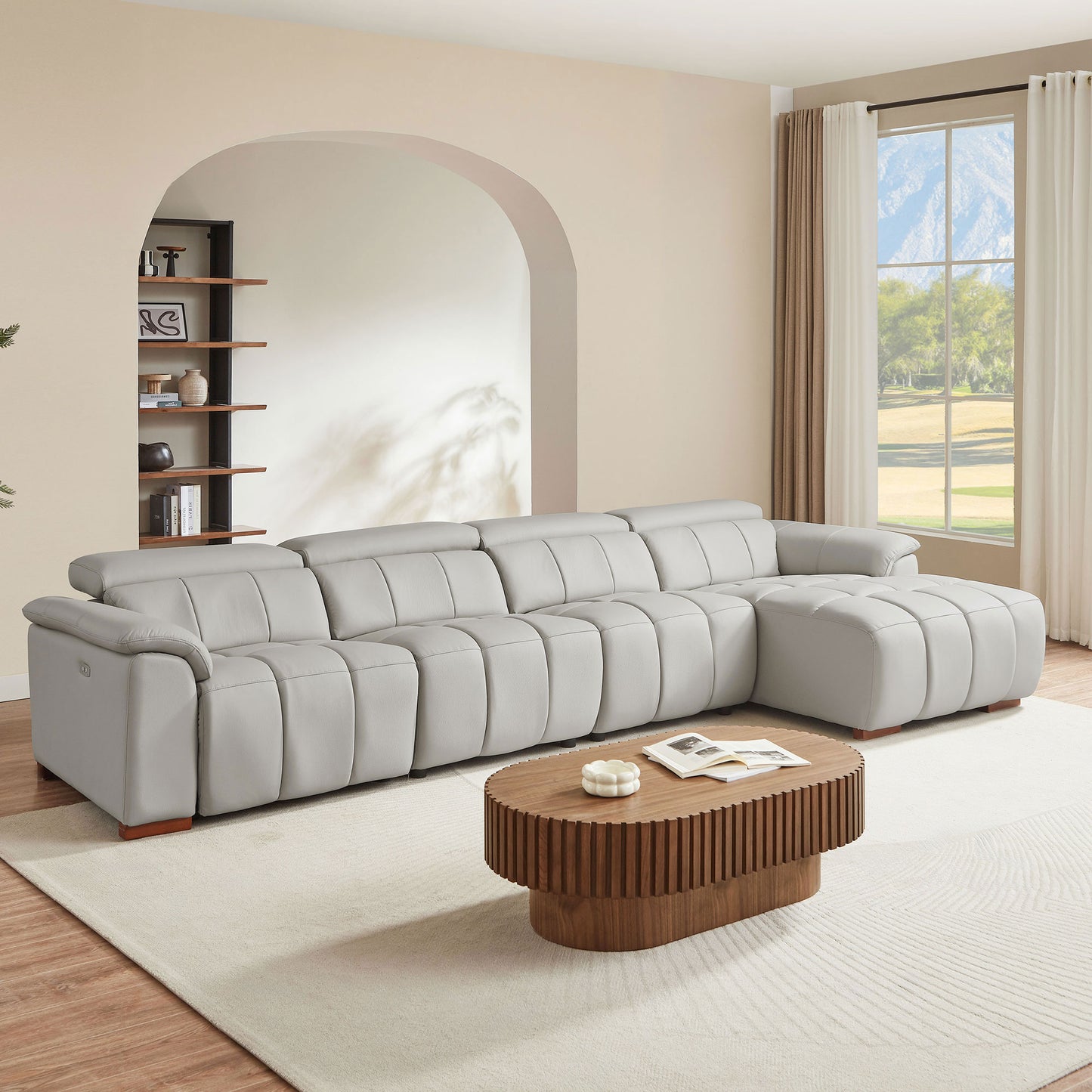 Modern 4-Seater Reclining Sofa - Light Grey Genuine Leather