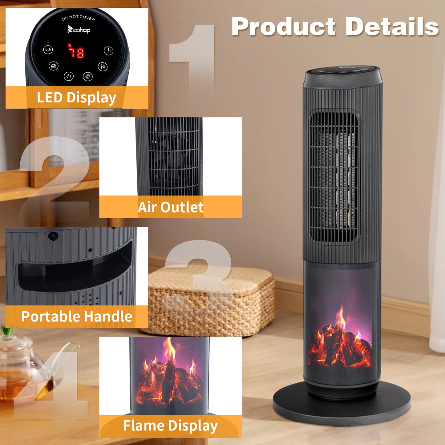 25-Inch Portable Tower Space Heater with Remote & 12H Timer - Black