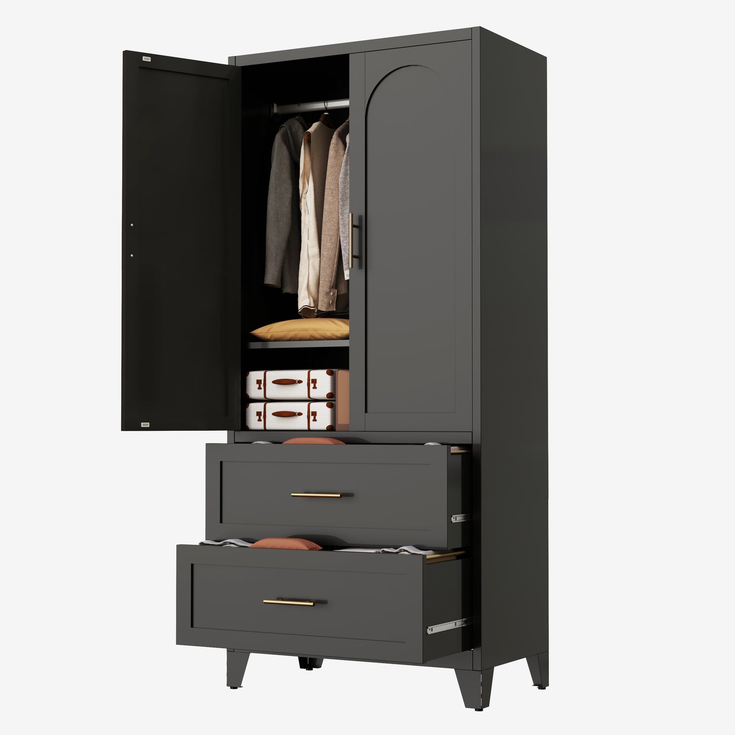 71" Tall Metal Wardrobe Cabinet with 2 Drawers & Shelf - Black