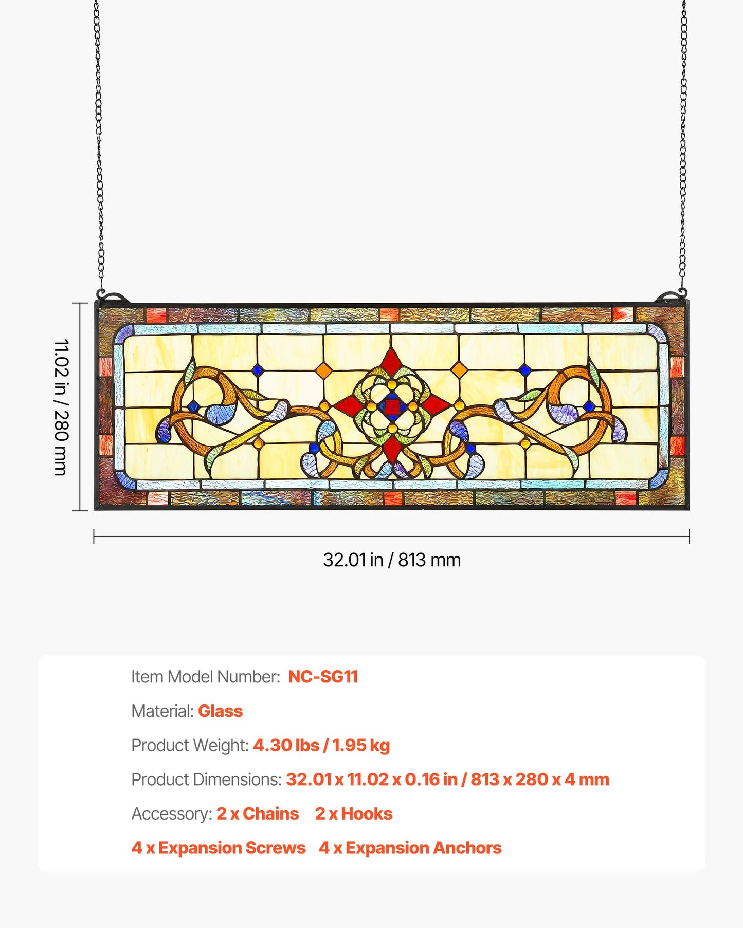 Stained Glass Window Panel 32x11 Inch Tiffany Style Hanging Transom Decor