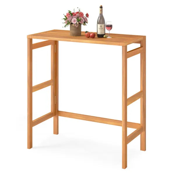 Foldable Natural Acacia Wood Patio Bar Table with Footrest