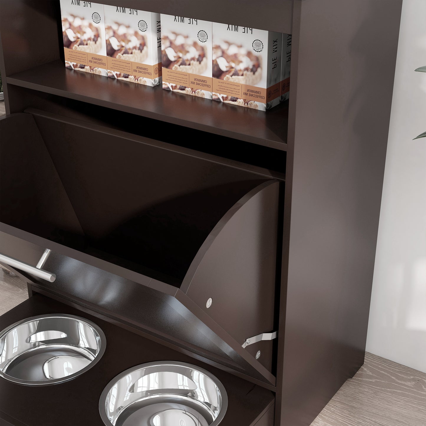 Dog Food Storage Cabinet with Raised Bowls and Storage Shelf - Gray