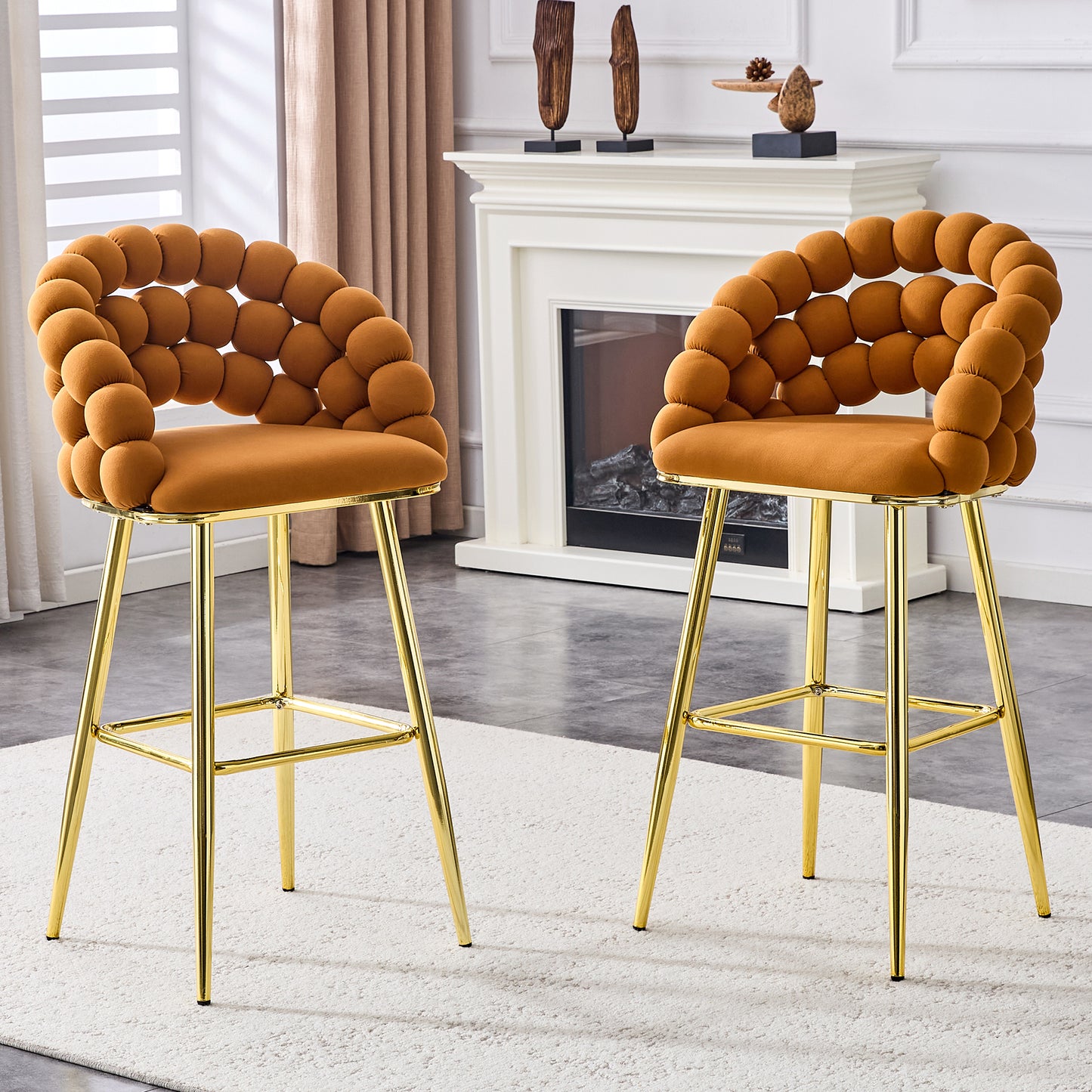 Set of 2 Orange Velvet Bar Stools with Gold Legs - Modern Accent Chairs