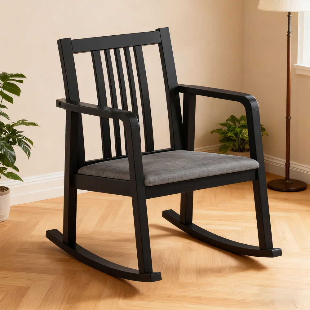 Rocking Chair With Slatted Back And Curved Armrests Rubberwood For
