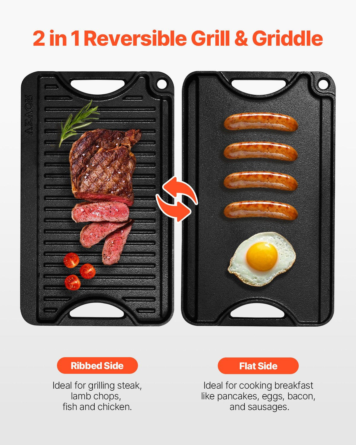 Reversible Cast Iron Griddle & Grill Pan - 14x8.5 Inch