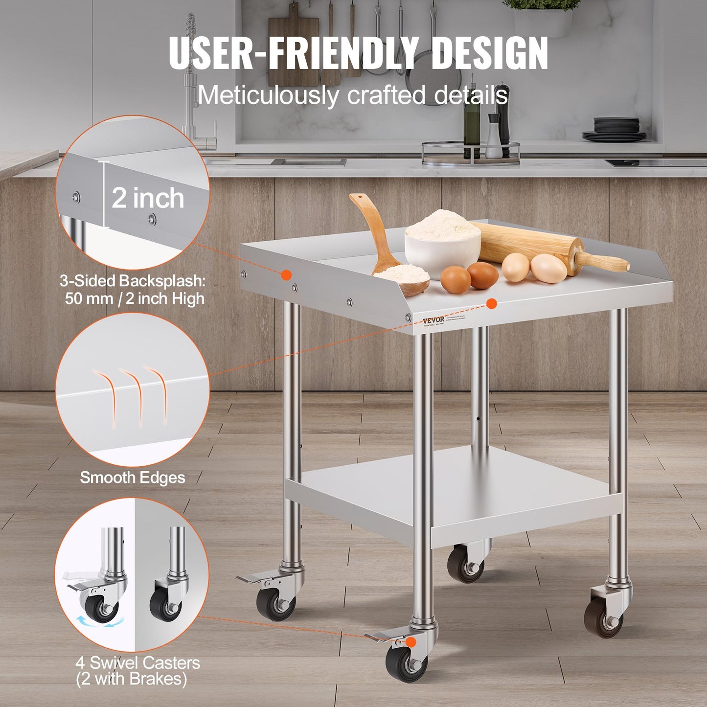 Stainless Steel Work Table - 24" x 24" x 30" with Wheels