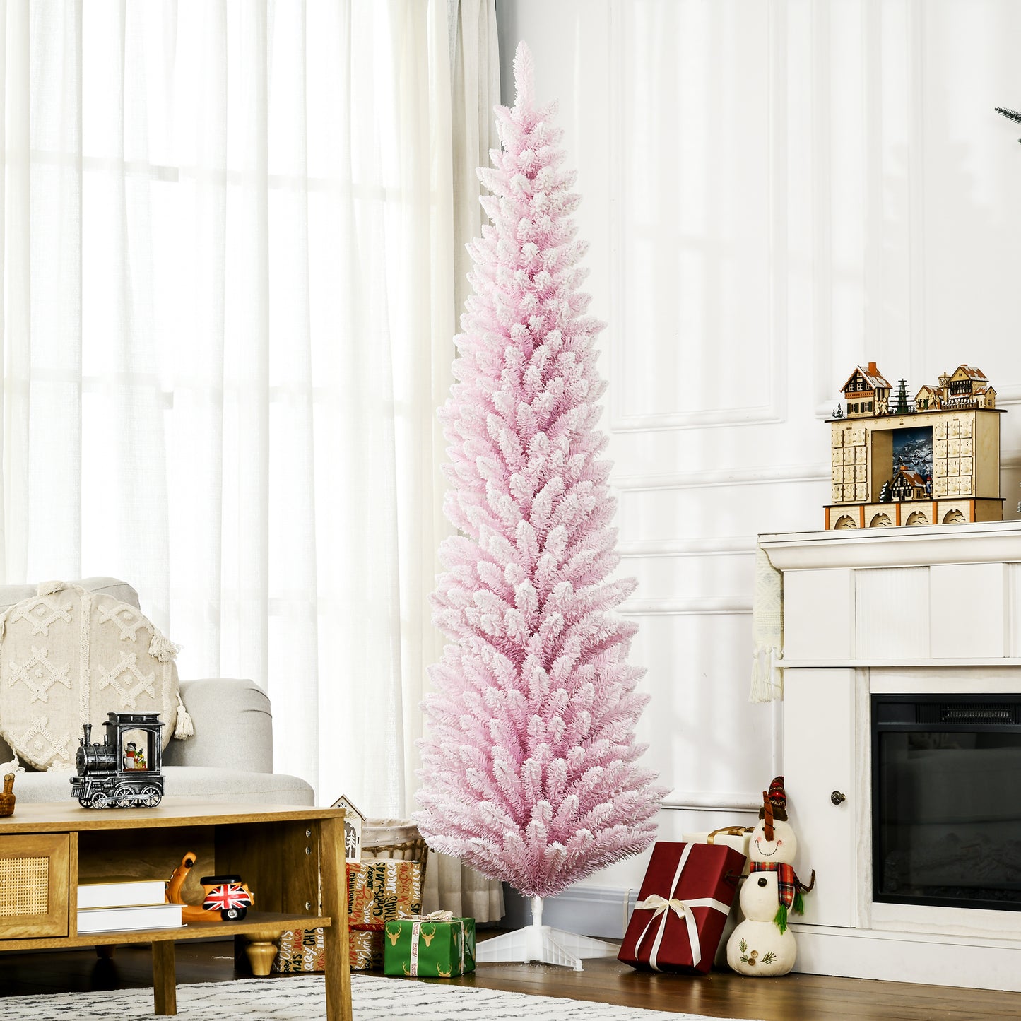 Pink Snow Flocked Artificial Christmas Tree - 84" Pencil Shape