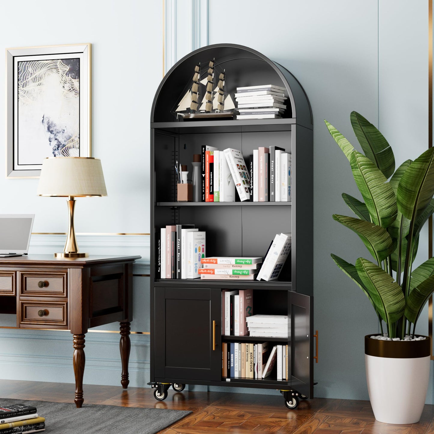 Metal Arched Bookcase on Wheels - Black with 2 Adjustable Shelves