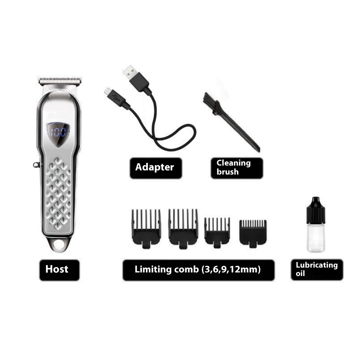 Professional Hair Clipper - Rechargeable, Stainless Steel Blade - Silver