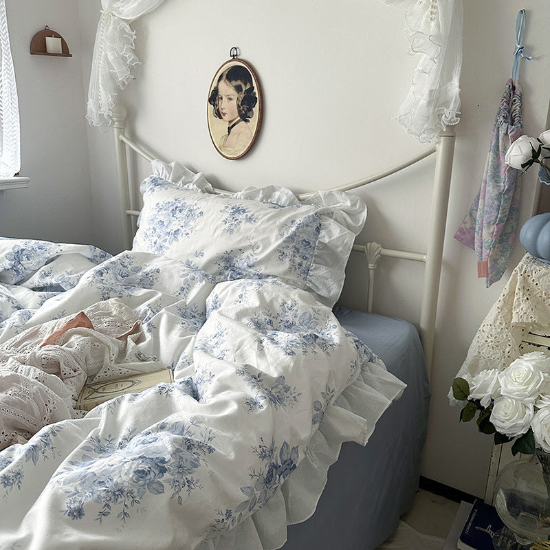 Princess Style Ruffled Cotton Bed Sheet Duvet Cover Set - Floral Minimalist Bedding