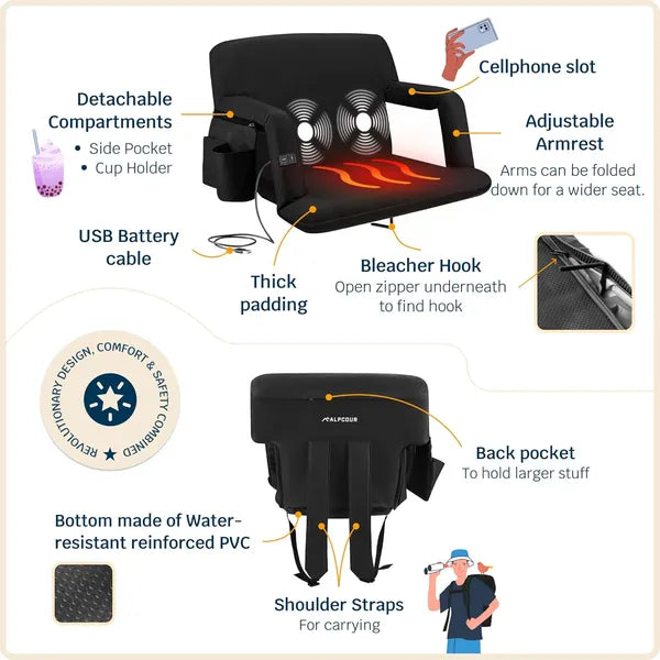 Heated Massage Reclining Stadium Seat with Back Support - Black 21"