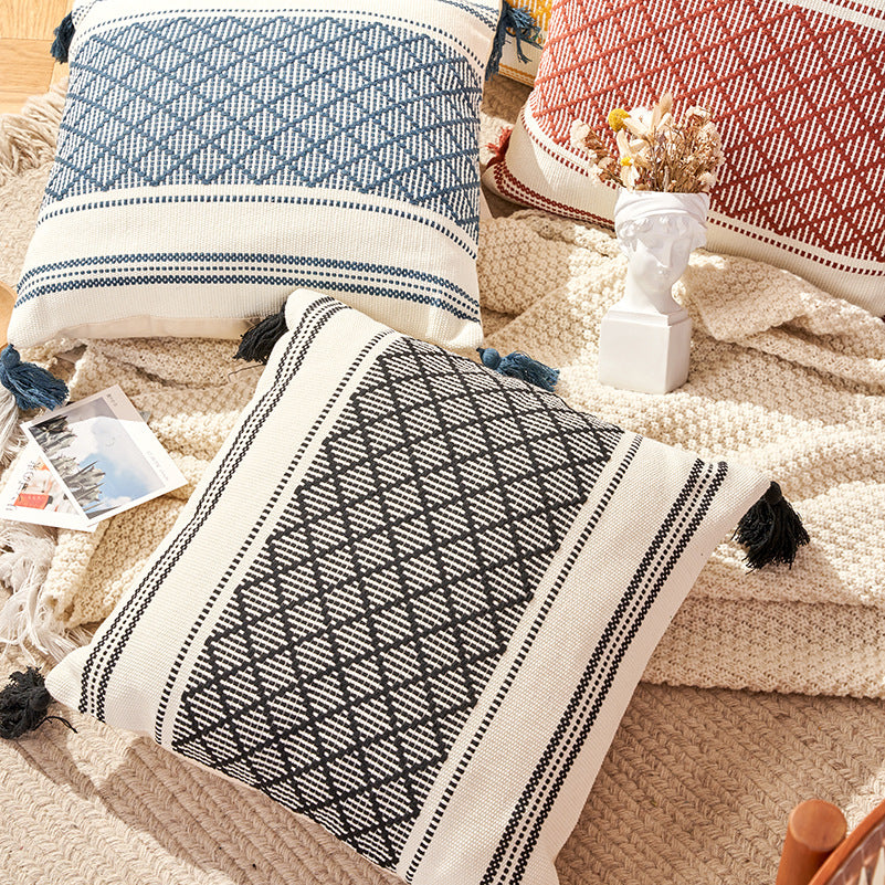 Geometric Woven Jacquard Tassel Cushion Cover - 45x45cm Home Decor