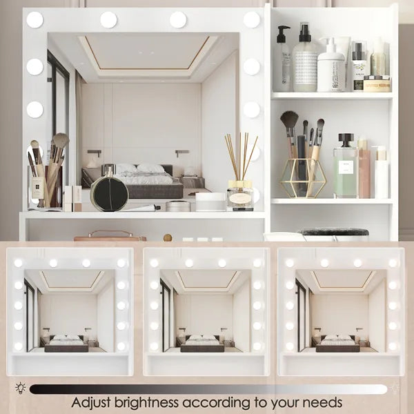 Vanity Desk with Mirror & Adjustable Lighting - White