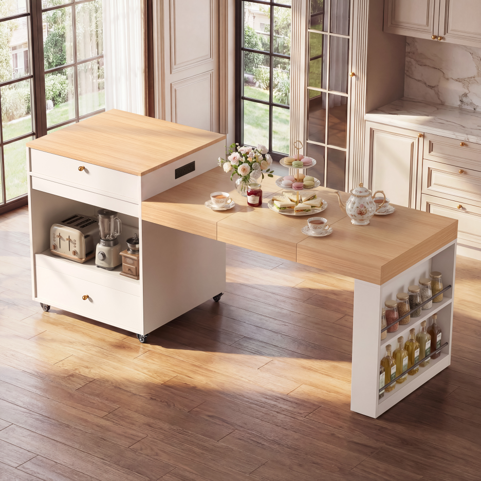 78.8" Rolling Kitchen Island with Extendable Dining Table - White