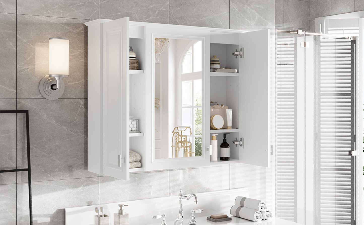 35-Inch Wall-Mounted Bathroom Cabinet with Mirror & 5 Shelves