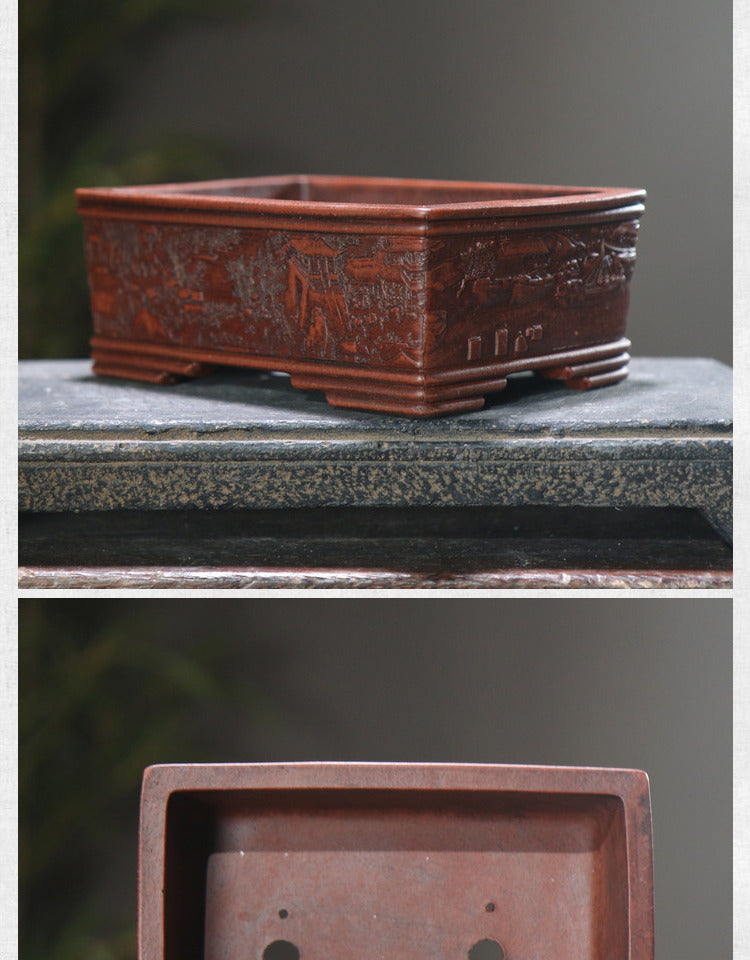Rotating Rectangular Ceramic Flower Pot Set with Bamboo Basin - Classic Garden Decor