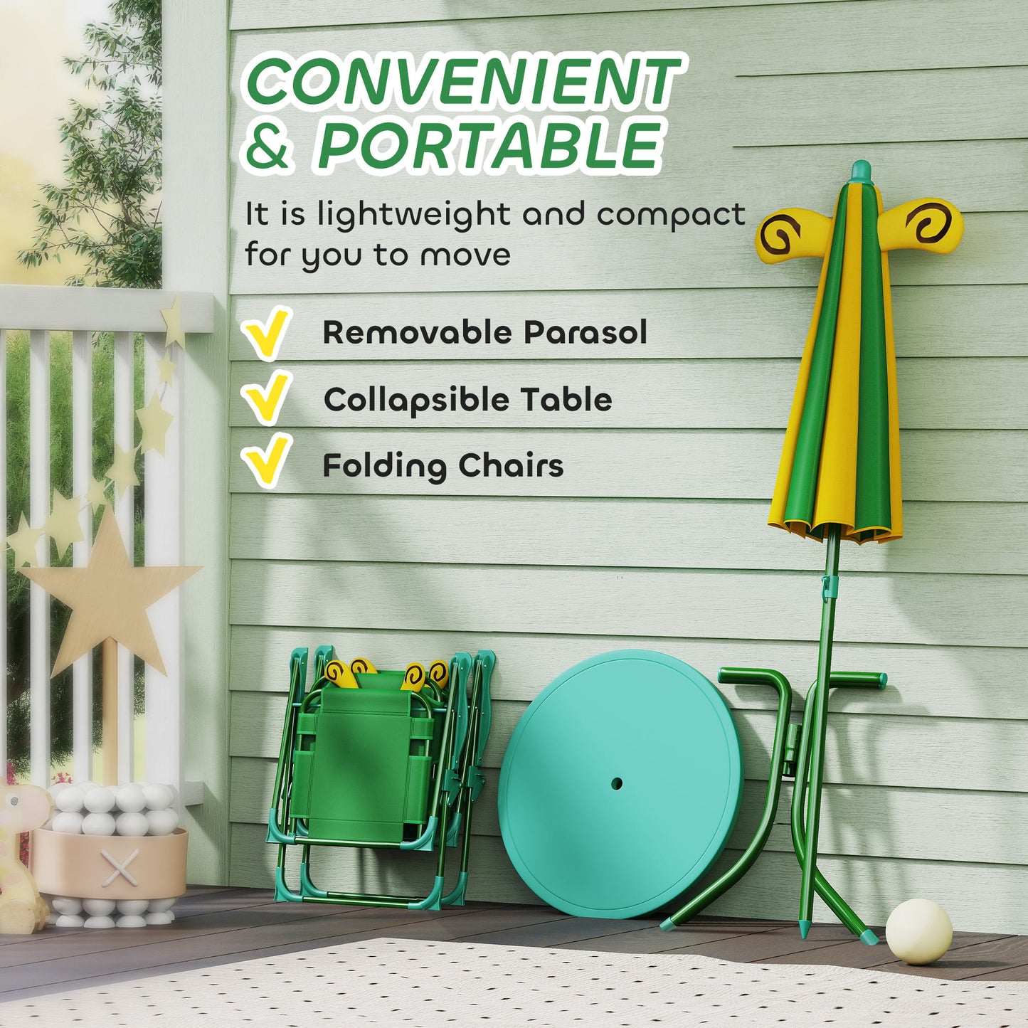 Kids Picnic Table and Chair Set with Adjustable Umbrella - Green