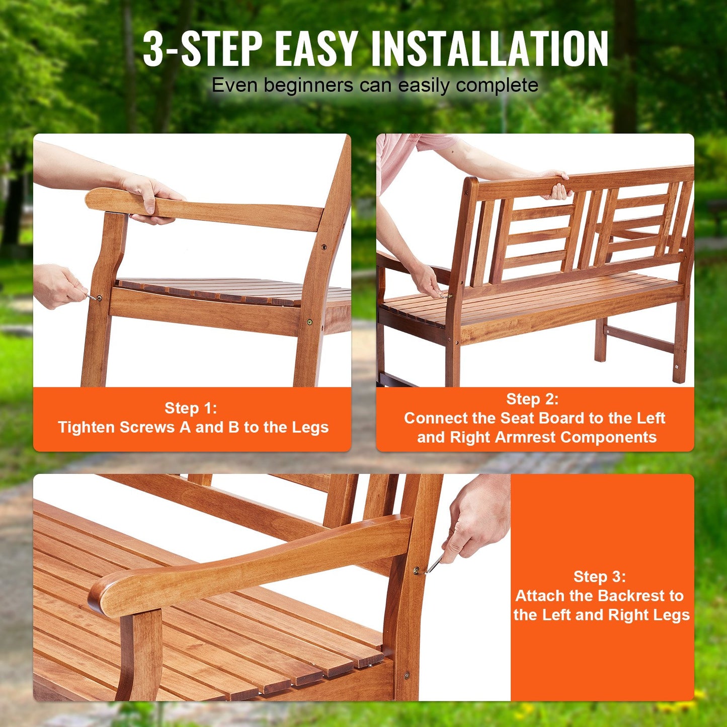Wood Garden Bench 48 Inches Outdoor Patio Bench with Backrest and Armrests - Natural Finish