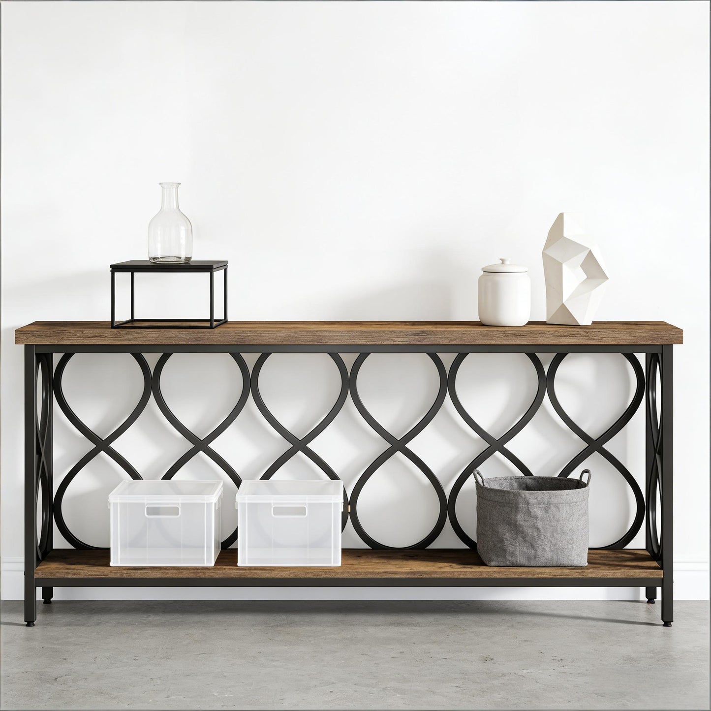 2-Tier Console Table - Rustic Brown & Black Metal Entryway Table