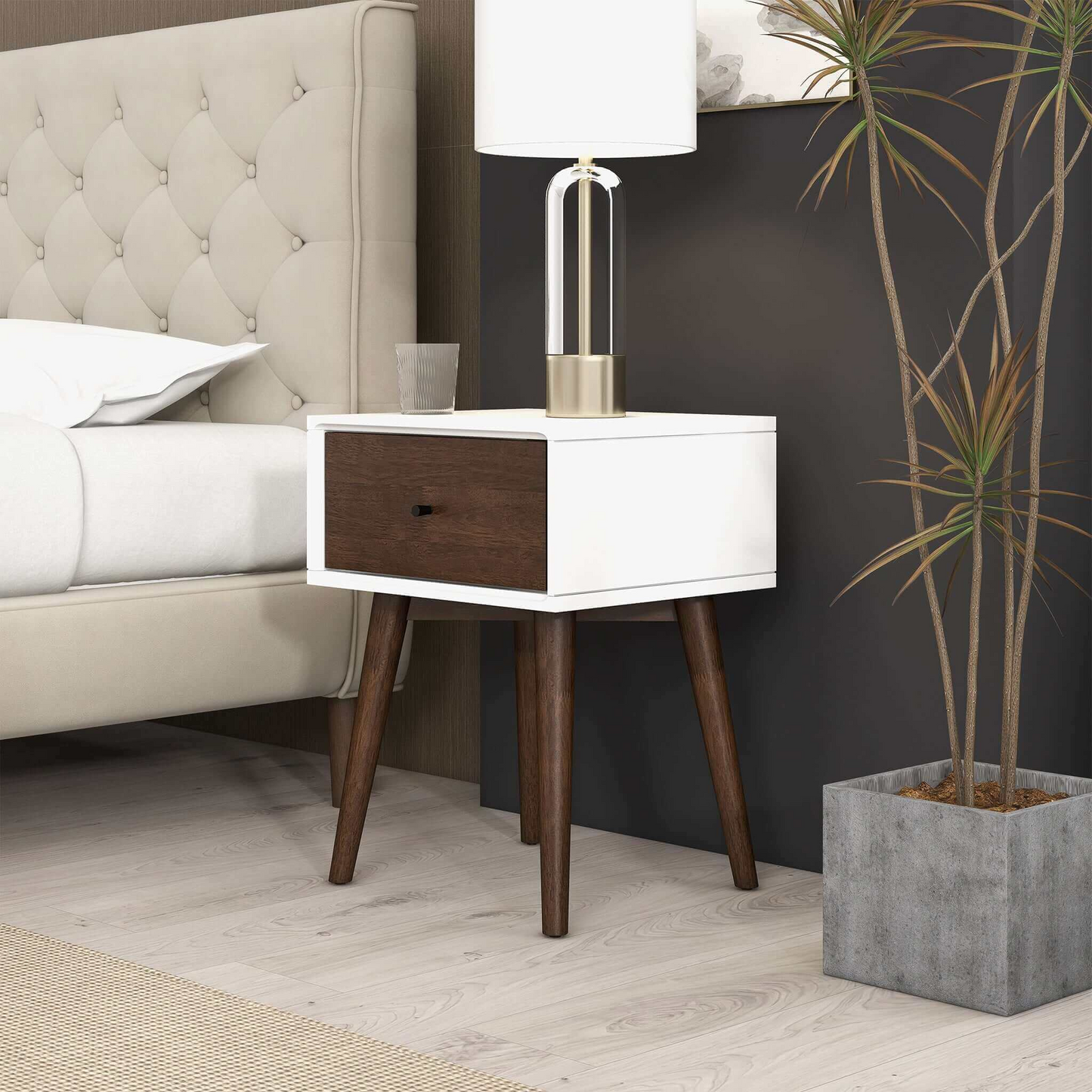 Avery Mid-Century Modern Solid Wood Night Stand 1 Drawer Dark Brown