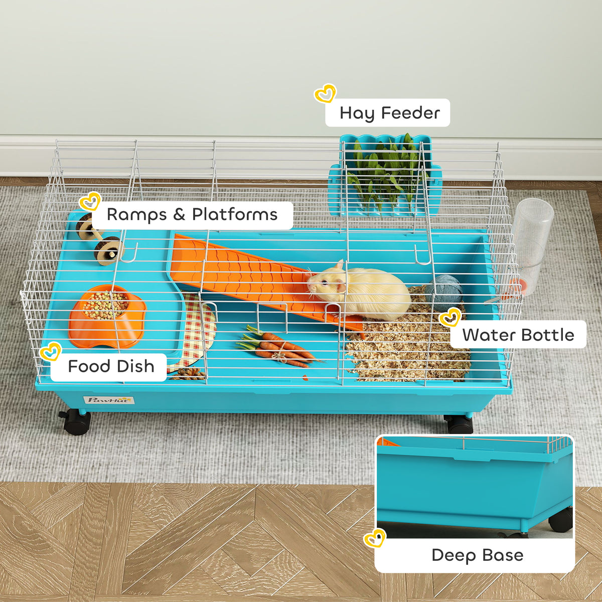 Small Animal Cage with Wheels, Food Dish, Water Bottle & Hay Feeder - Blue, 35 Inches