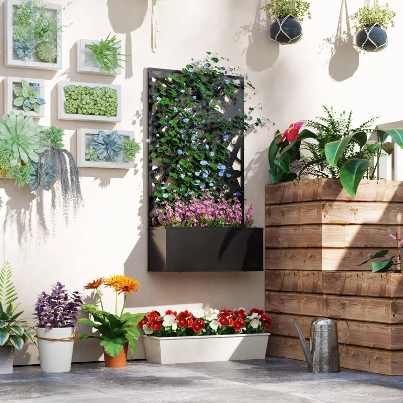 Metal Garden Planter Box with Decorative Privacy Screen - Wall-Mounted or Freestanding, 24 Inch Black