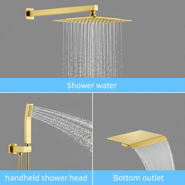 Rain Shower System Brushed Gold 10-Inch Rainfall Shower Head with Handheld Sprayer & Tub Spout