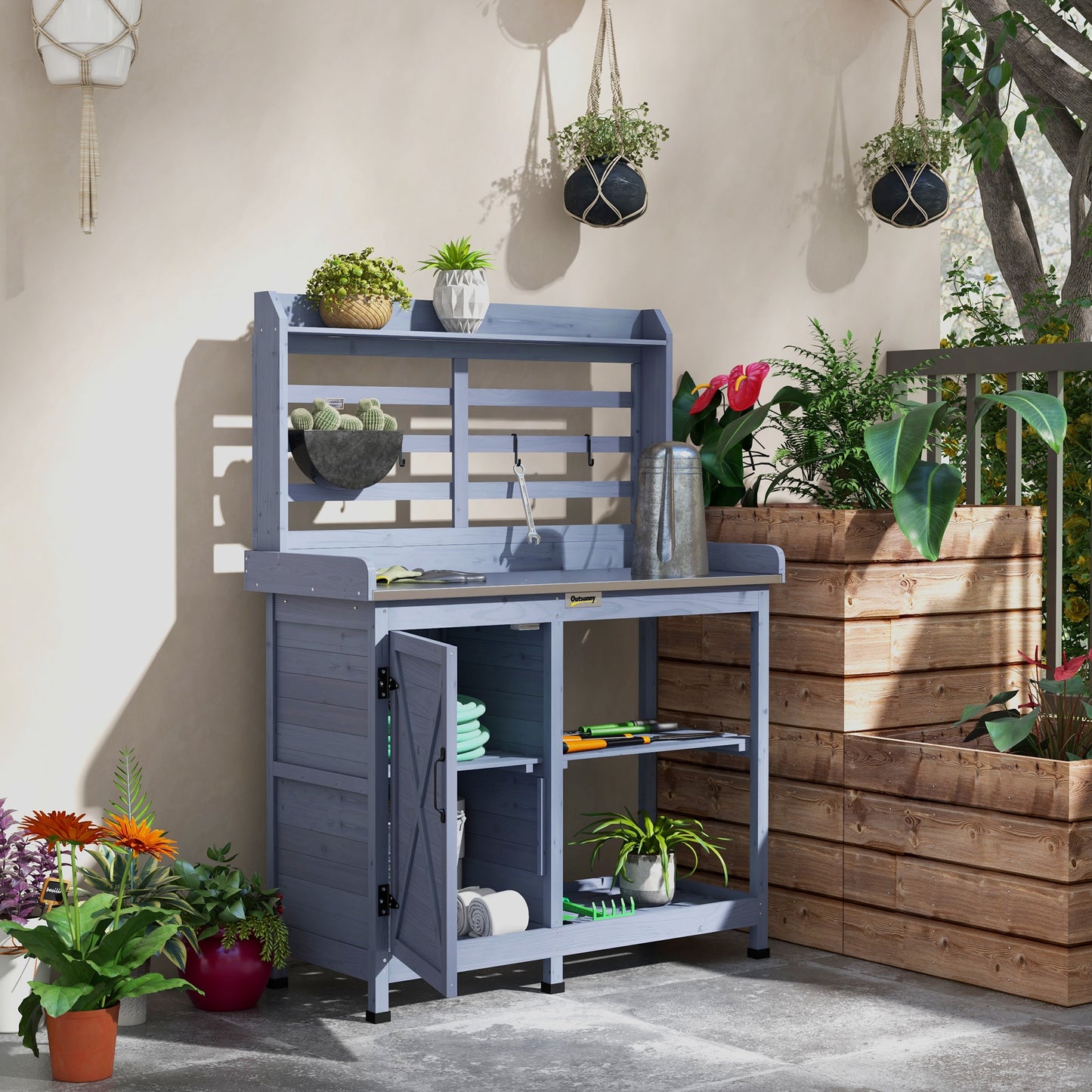 Wooden Potting Bench with Storage and Aluminum Tabletop for Garden, Patio, Balcony - Gray