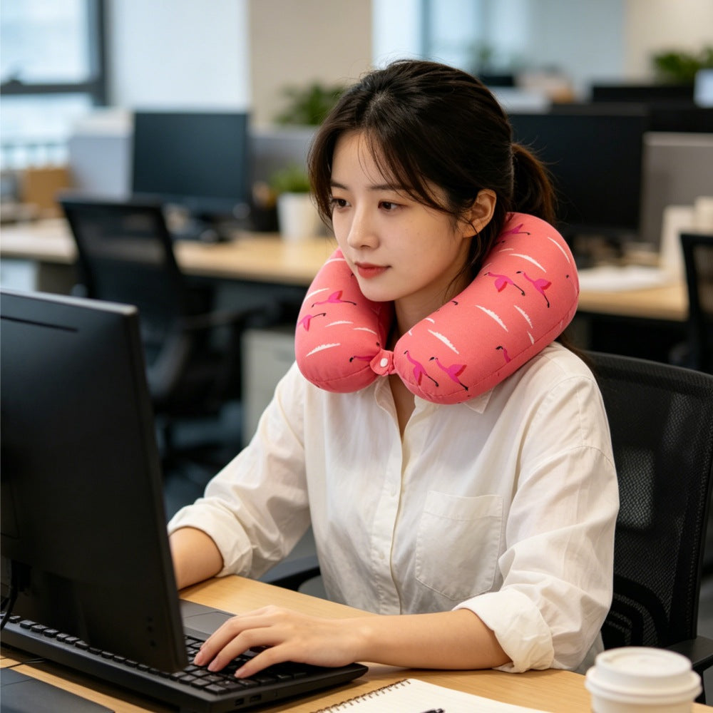 Travel Neck Pillow with Flamingo Print - Micro Bead U-Shape Support for Airplane, Car, Office, Pink & Blue