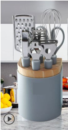 Stainless Steel Kitchen Utensil Set with Scissors Peeler Egg Beater & Tray - Multiple Colors
