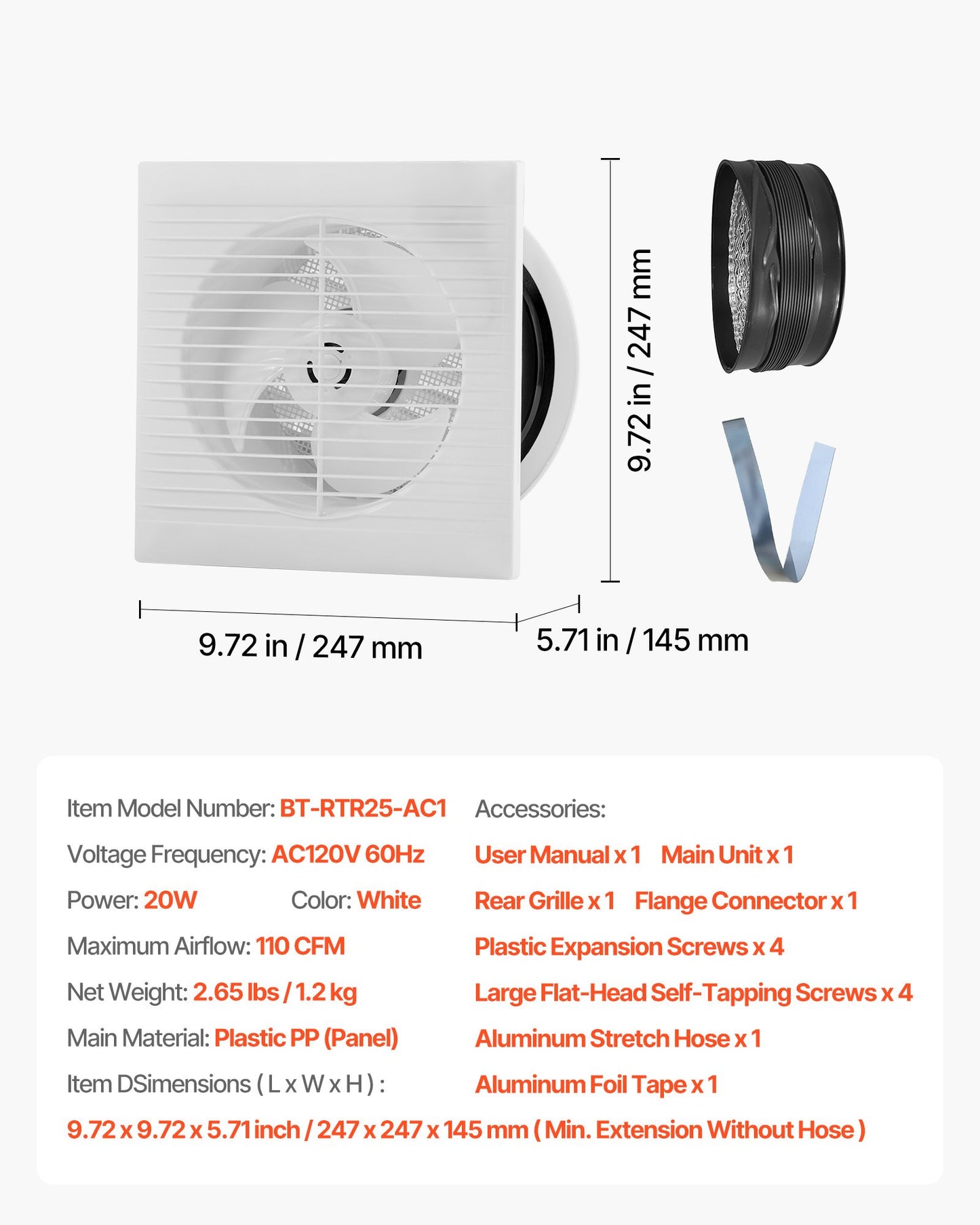 6 Inch Wall Ventilation Fan - Quiet Exhaust Fan with AC Motor 110 CFM for Bathroom Garage Laundry