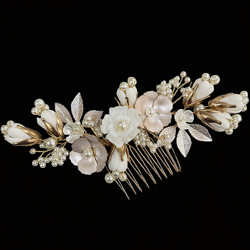 Ceramic Flower Wedding Hair Comb - Handmade Bridal Headwear