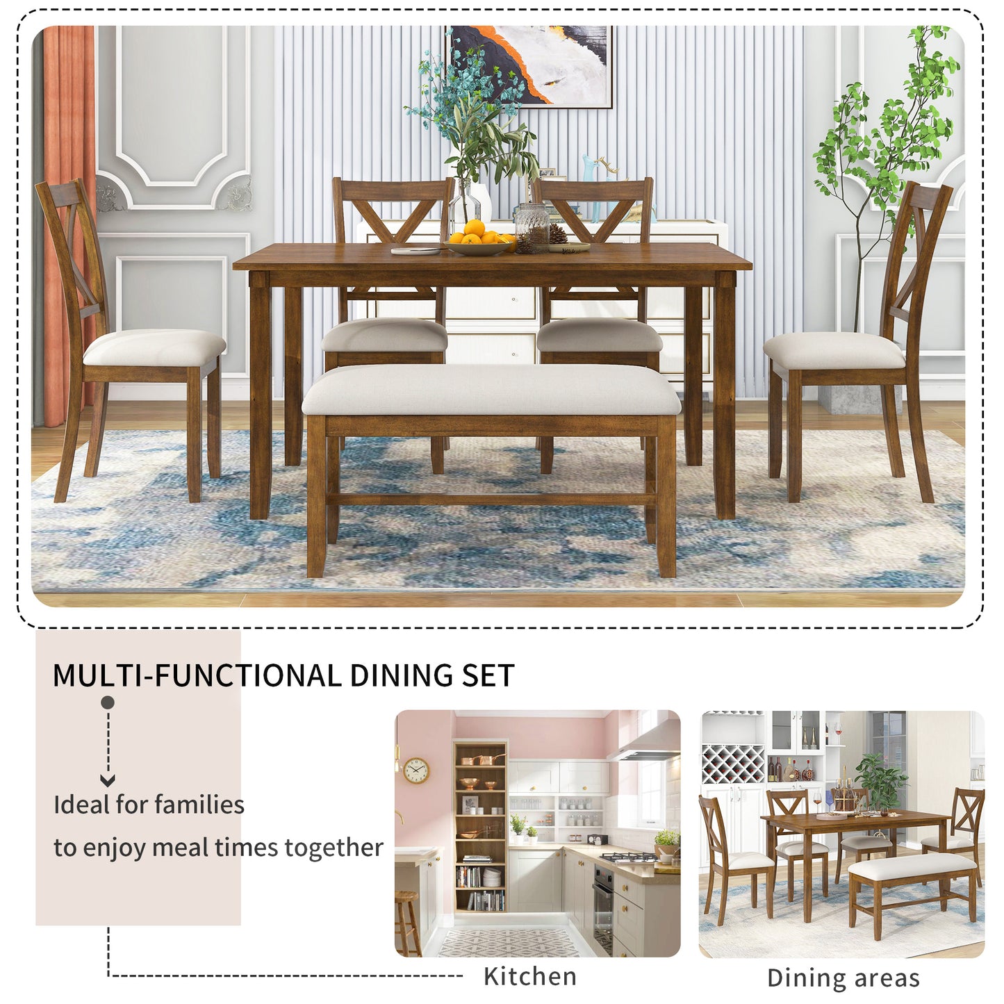 6-Piece Wooden Dining Table Set with Chairs and Bench - Natural Cherry