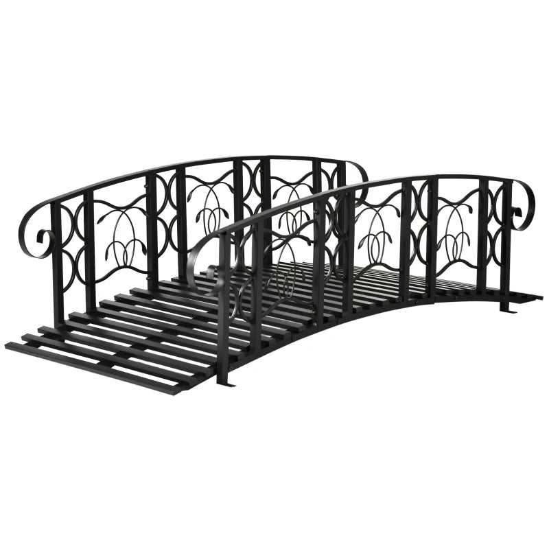 Metal Garden Bridge with 660 lbs Capacity, Safety Rail, Vine Motifs, Black