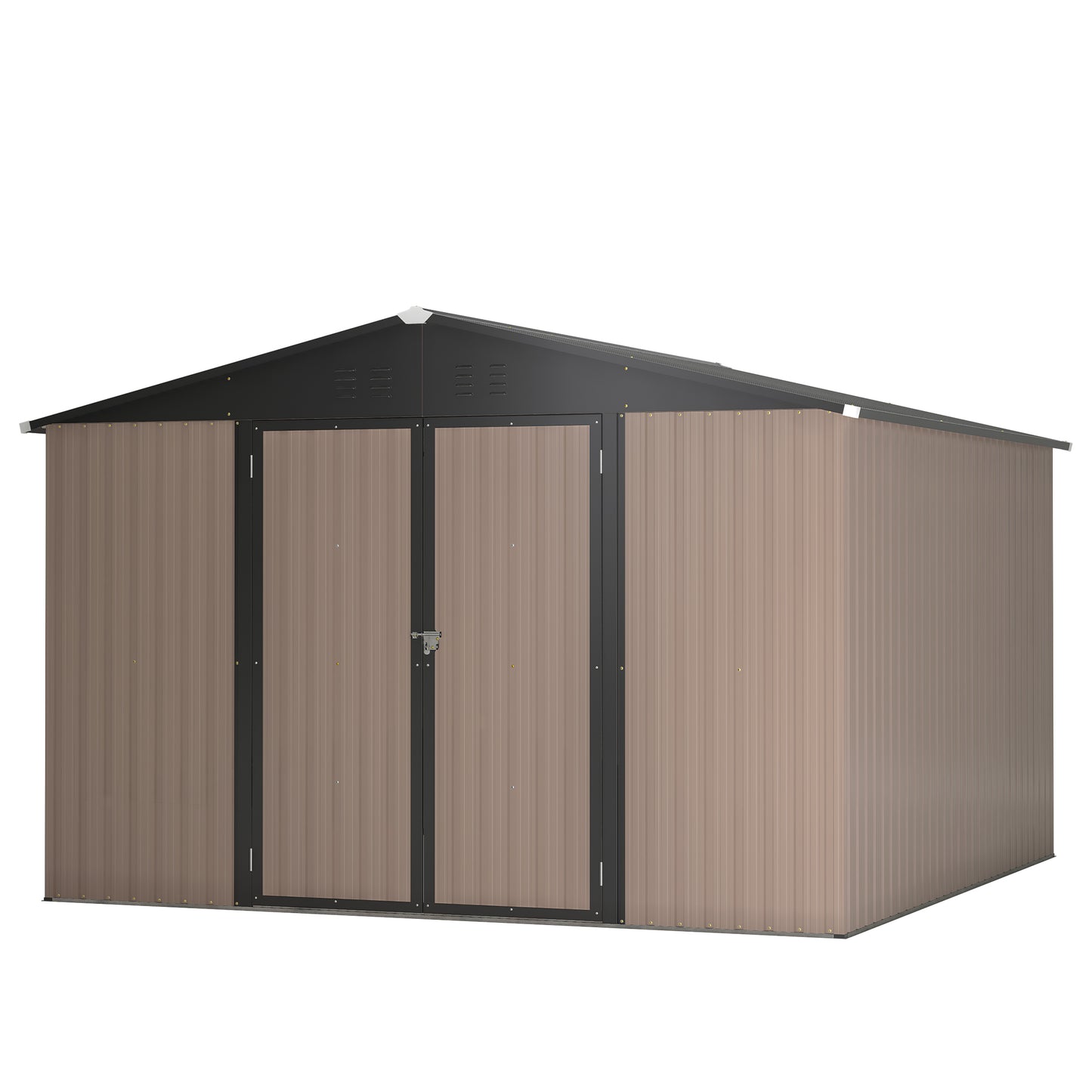 10' x 10' Metal Garden Storage Shed with Lockable Doors - Brown