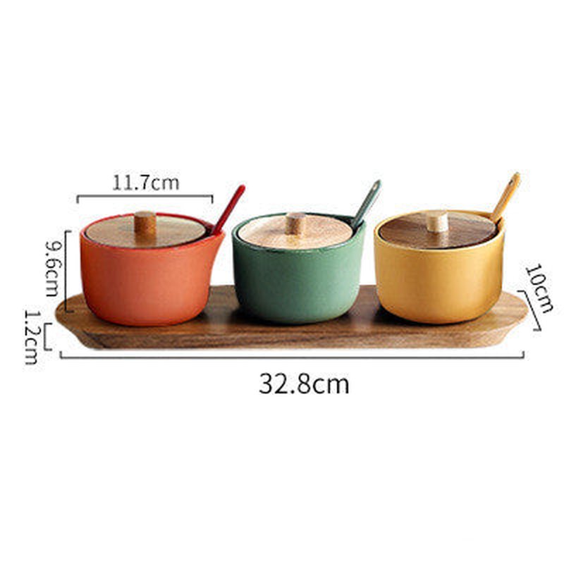 Ceramic Seasoning Jar Set with Wooden Lids and Spoons - Multiple Styles