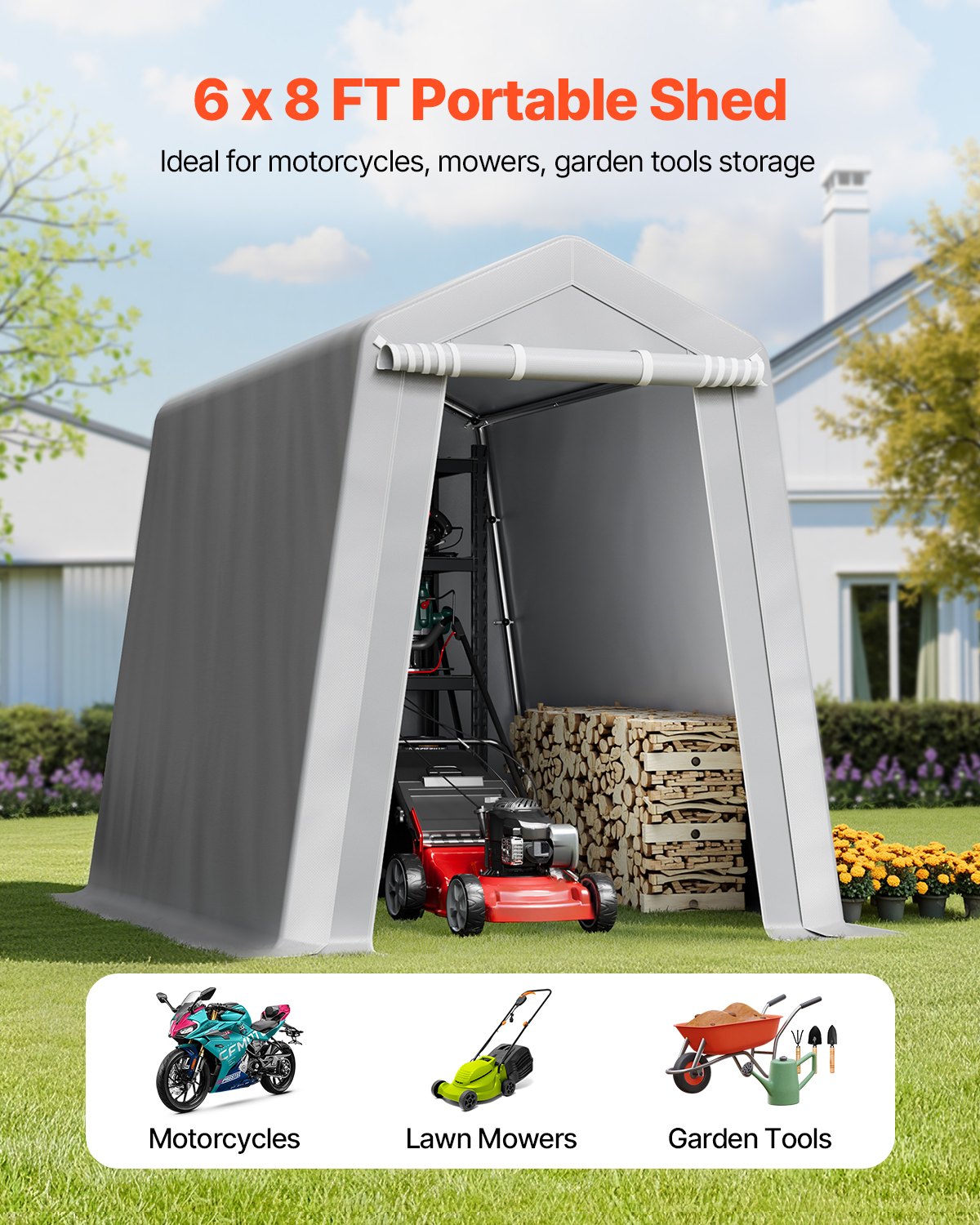 6x8 Ft Waterproof Outdoor Storage Shelter Shed with Metal Frame and Canopy
