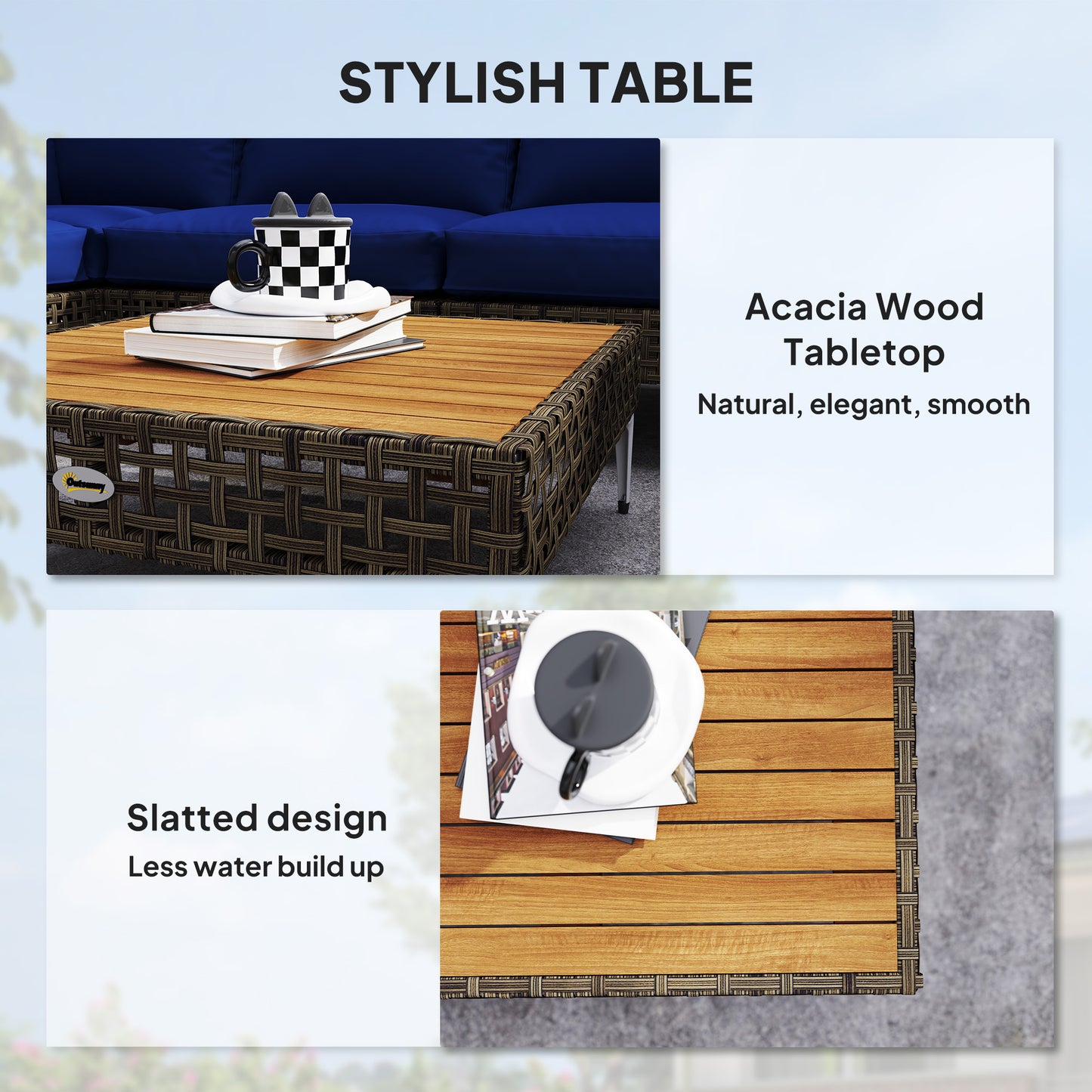 7-Piece Modular Wicker Patio Furniture Set with Cushions - Brown/Blue